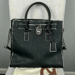 Michael Kors Hamilton Large Black Leather Lock and Key Tote Purse Shoulder bag